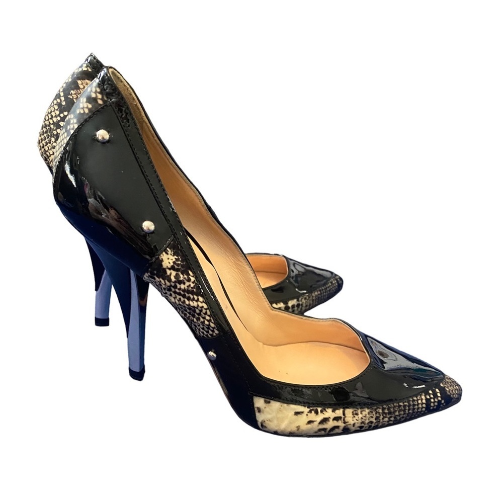 CASADEI Italy Black Patent Real Leather Snake Print Pointy Stiletto dressy heels